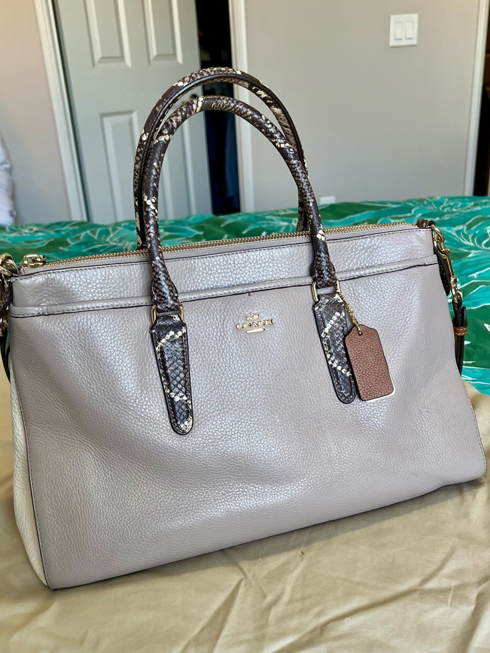 Coach Morgan Satchel Shoulder Bag Tote, Taupe/Cream Leather Python Trim & Straps